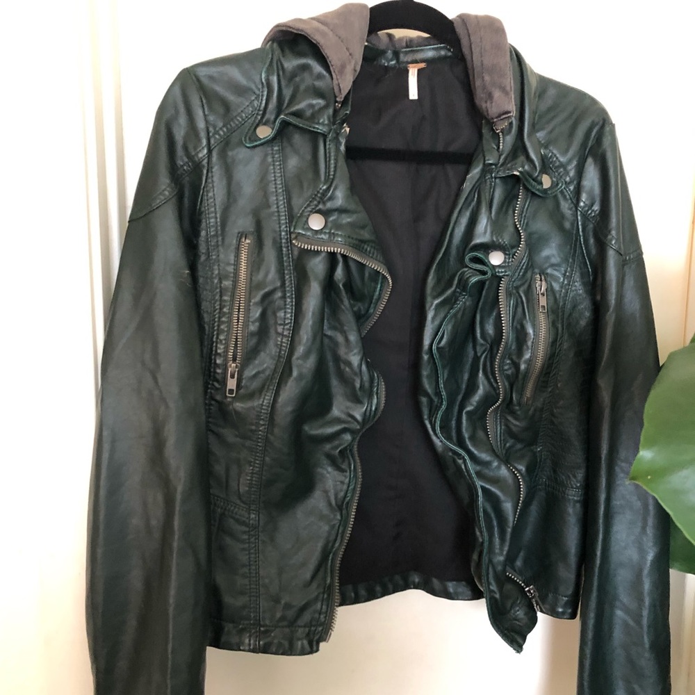 Free People dark green fake leather jacket hoodie